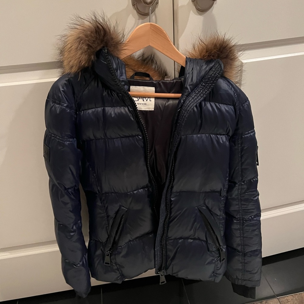 SAM. NYC coat- in small, navy with faux fur hold
